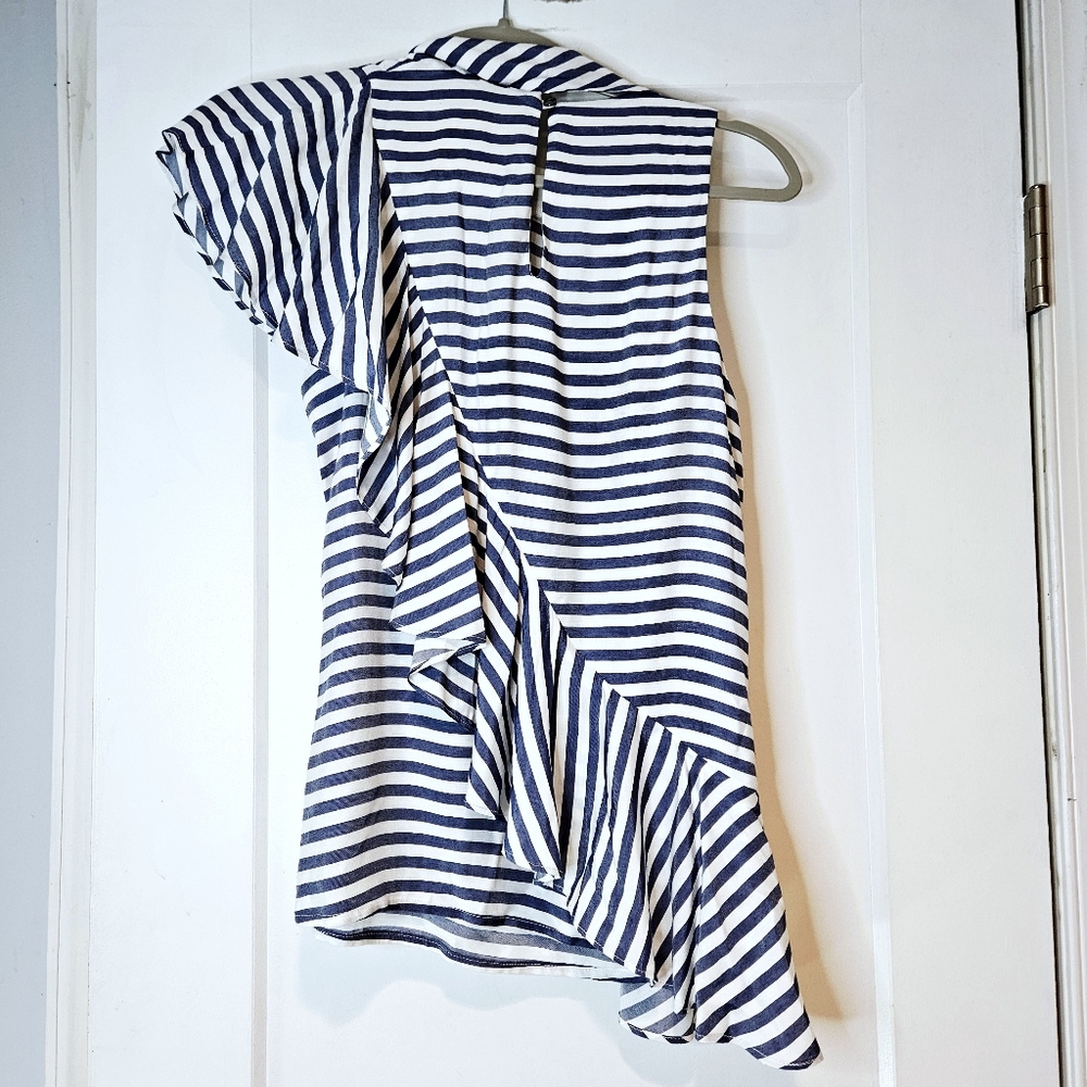 Nicole Miller Atelier Striped Asymmetrical Ruffle Blouse Tie Neck Top S - Picture 2 of 7